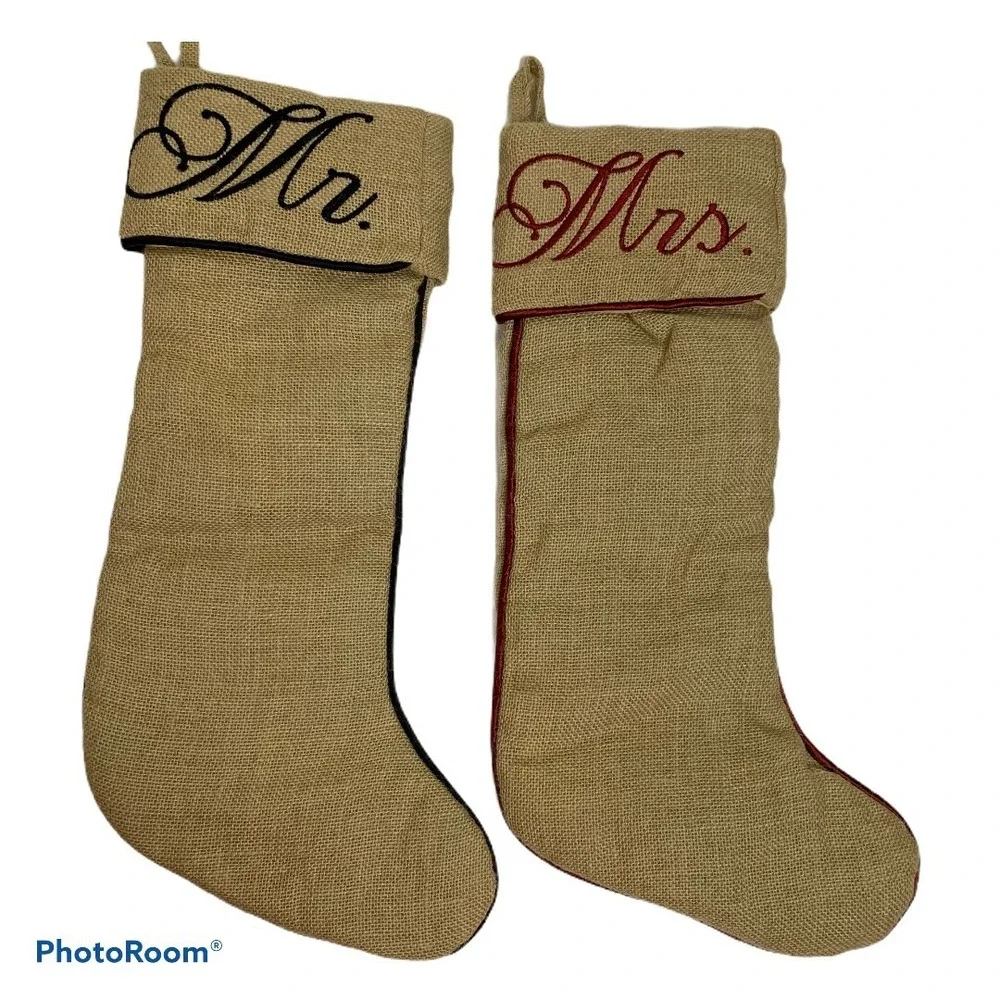 MR & MRS BURLAP CHRISTMAS HOLIDAY STOCKINGS LARGE 22